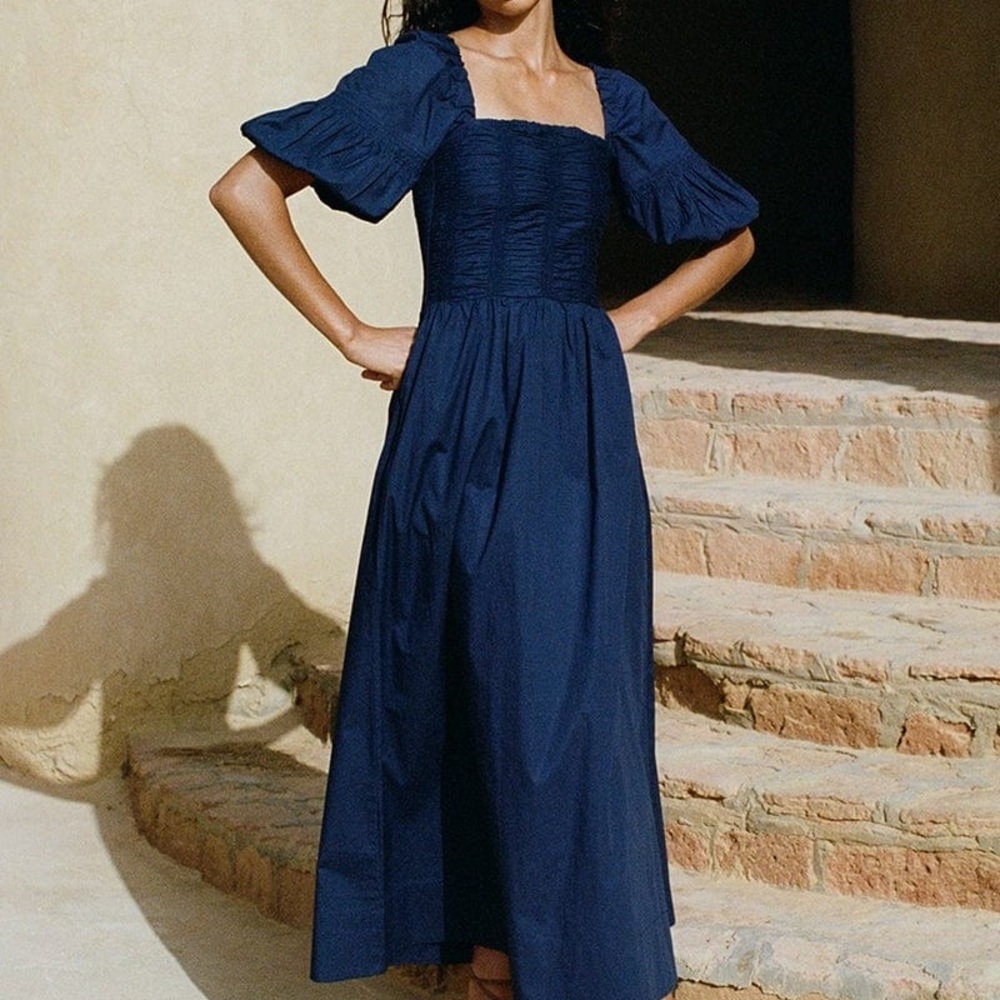 Faithfull The Brand Navy Belisario Midi Dress, size L